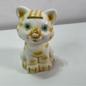 Vintage Plastic Ginger Cat Plastic Coin Bank Piggy Bank Blue Eyes Cat Lovers 6''